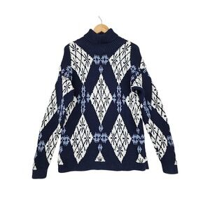 Jones New York Fisherman Sweater L Wom Navy Blue Argyle Hand Knit Mock Roll Neck